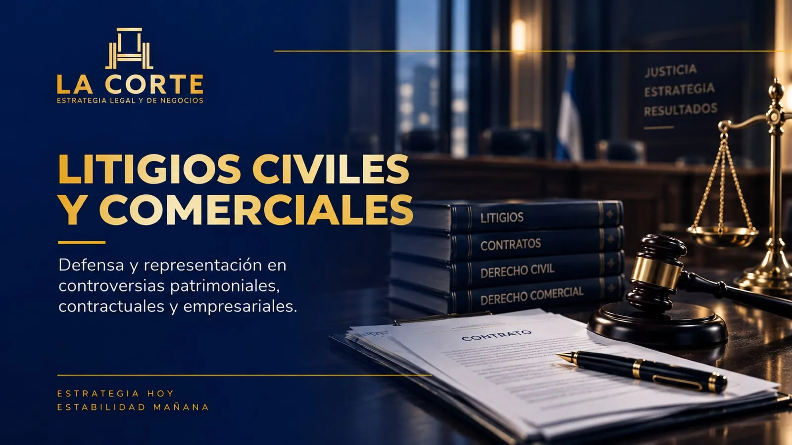 Sala de audiencias con el estrado del juez y la balanza de la justicia
